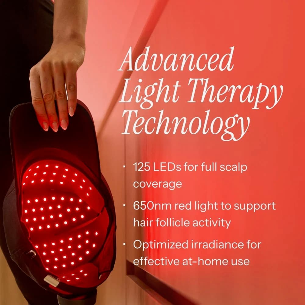 Advanced light therapy technology: 125 LEDs for full scalp coverage, 650 nm red light, optimized irradiance